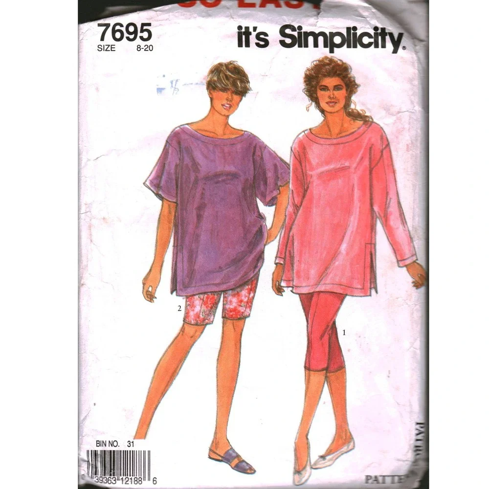 Simplicity 7695 Sewing Pattern Misses Oversized Tops Leggings Size‎ 8-20 Vintage